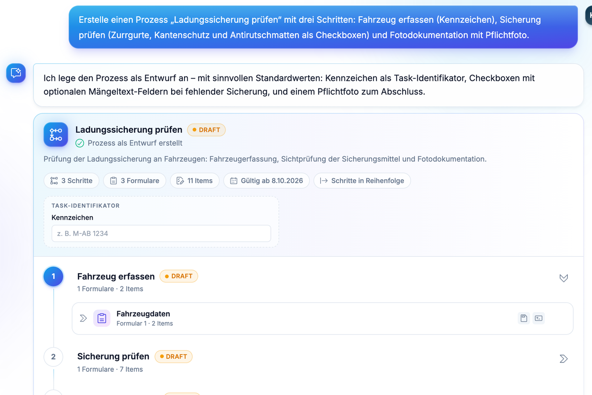 Editor App: the AI agent creates the process “Check load securing” from a prompt
