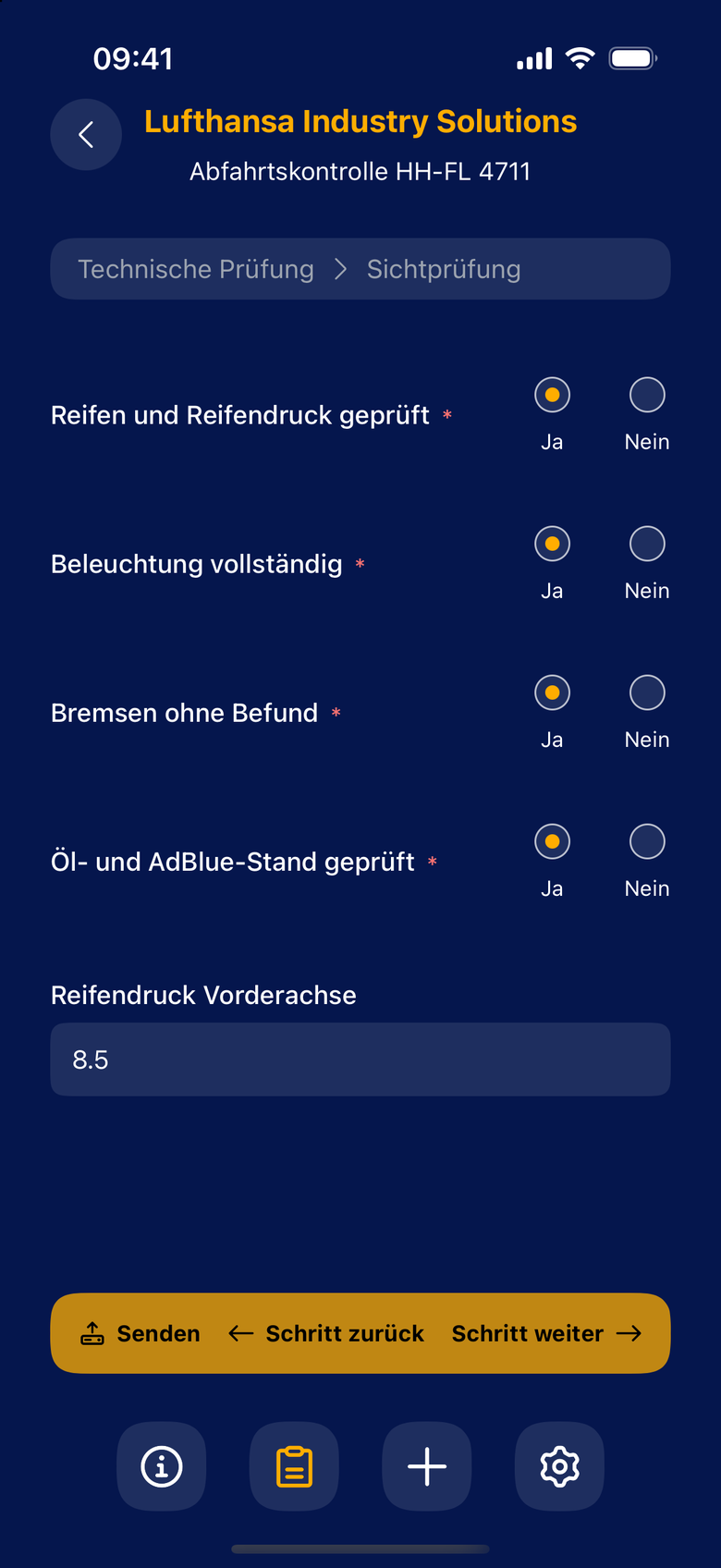 Mobile app: visual check form of a pre-departure check with tyres, lights and brakes