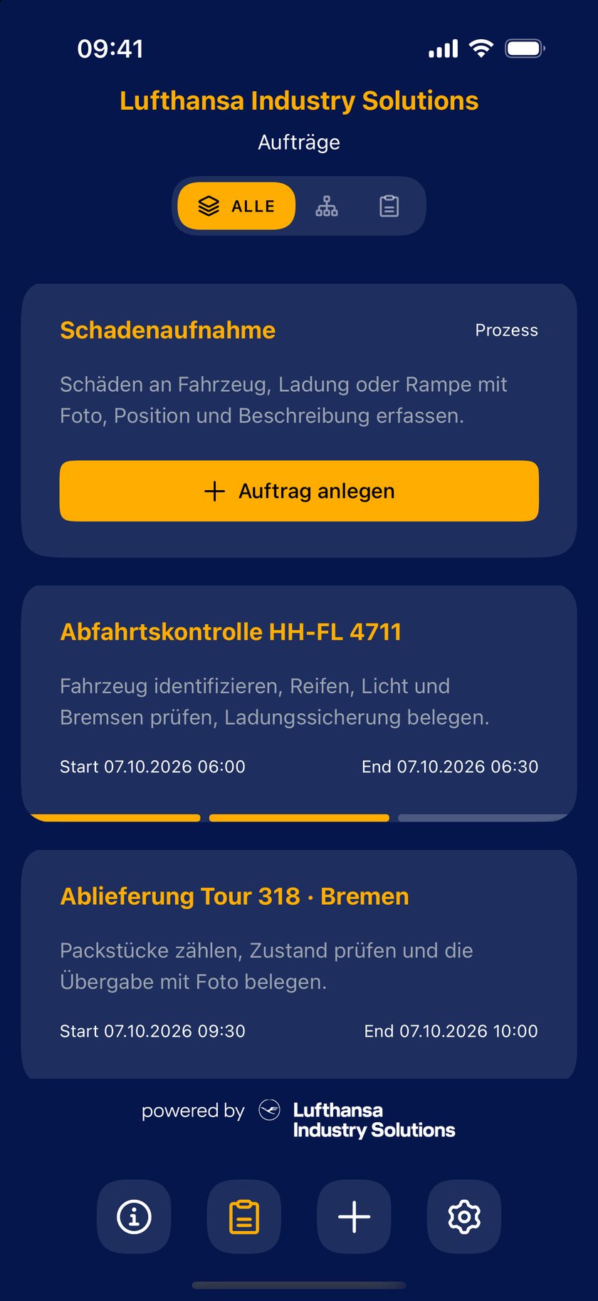 Mobile app: task overview with the damage report process and ongoing tasks